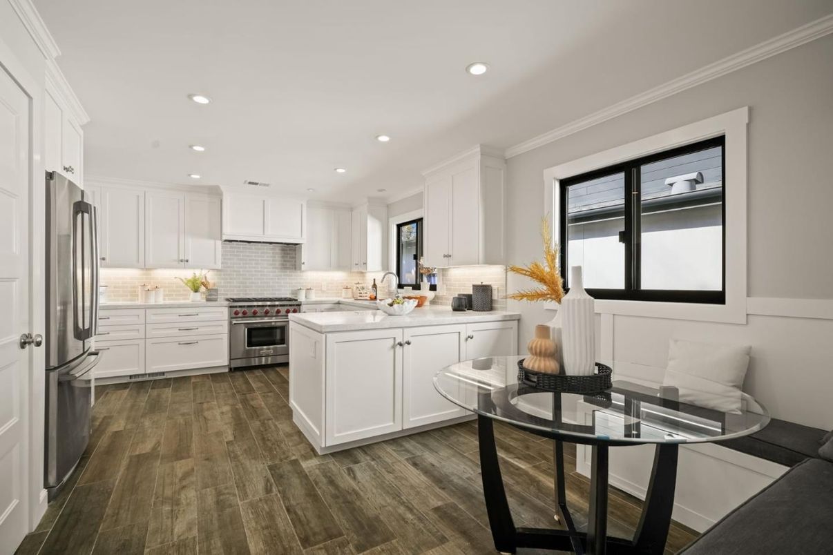 Interior, Kitchen, Recessed Lighting, Stainless Steel Appliances, Wood Texture Flooring