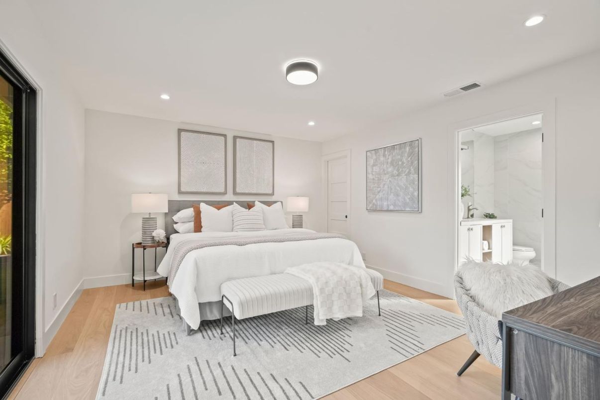 Bedroom, Interior, Marble Walls, Recessed Lighting, Wood Texture Flooring