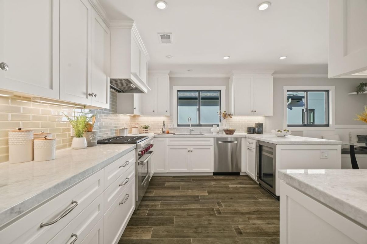 Interior, Kitchen, Recessed Lighting, Stainless Steel Appliances, Wood Texture Flooring