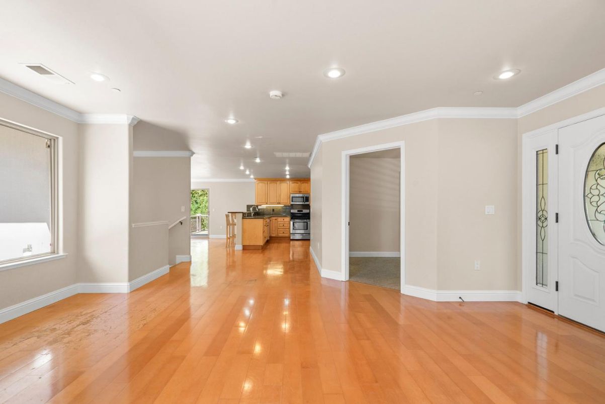 Empty room, Interior, Kitchen, Recessed Lighting, Wood Texture Flooring