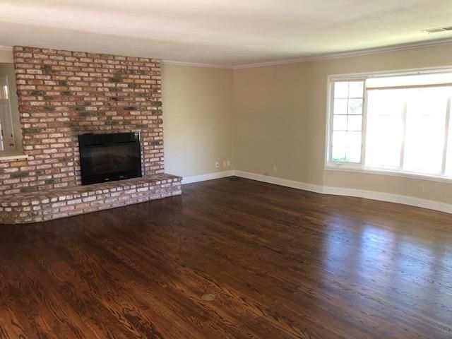 Empty room, Fireplace, Interior, Stone Walls, Wood Texture Flooring