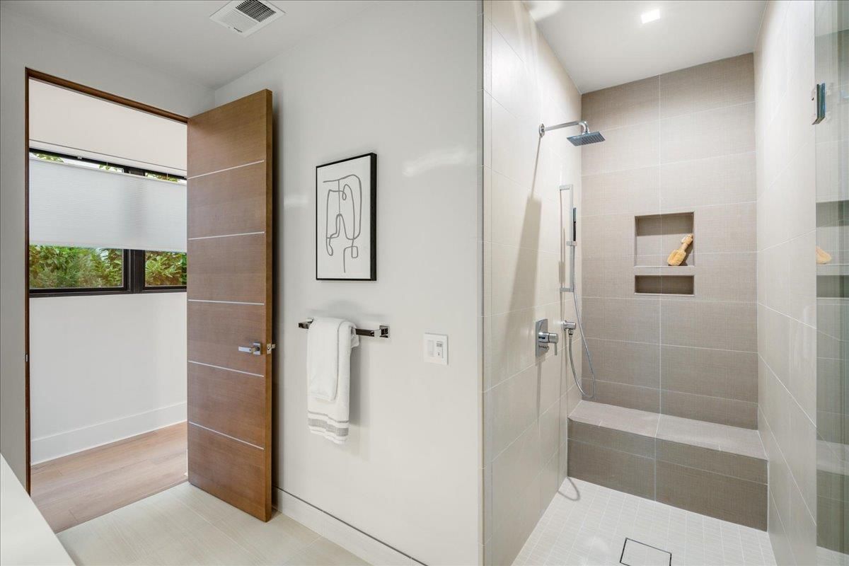 Bathroom, Glass Shower, Interior, Recessed Lighting, Wood Texture Flooring