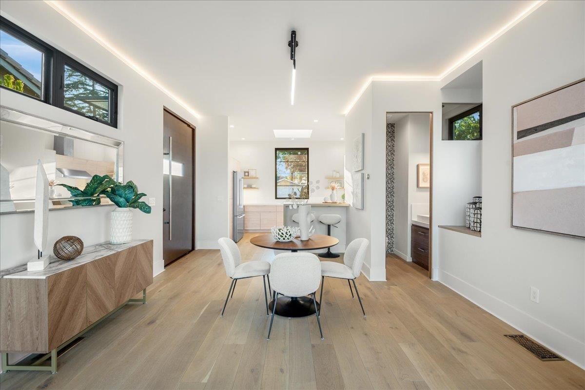 Dining room, Interior, Recessed Lighting, Wood Texture Flooring
