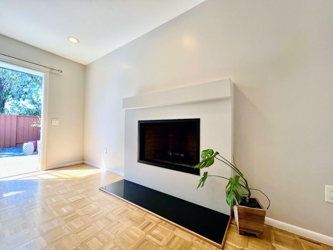 Empty room, Fireplace, Interior, Recessed Lighting, Wood Texture Flooring