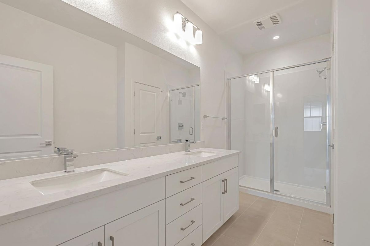 Bathroom, Dual Sink Vanities, Glass Shower, Interior, Recessed Lighting