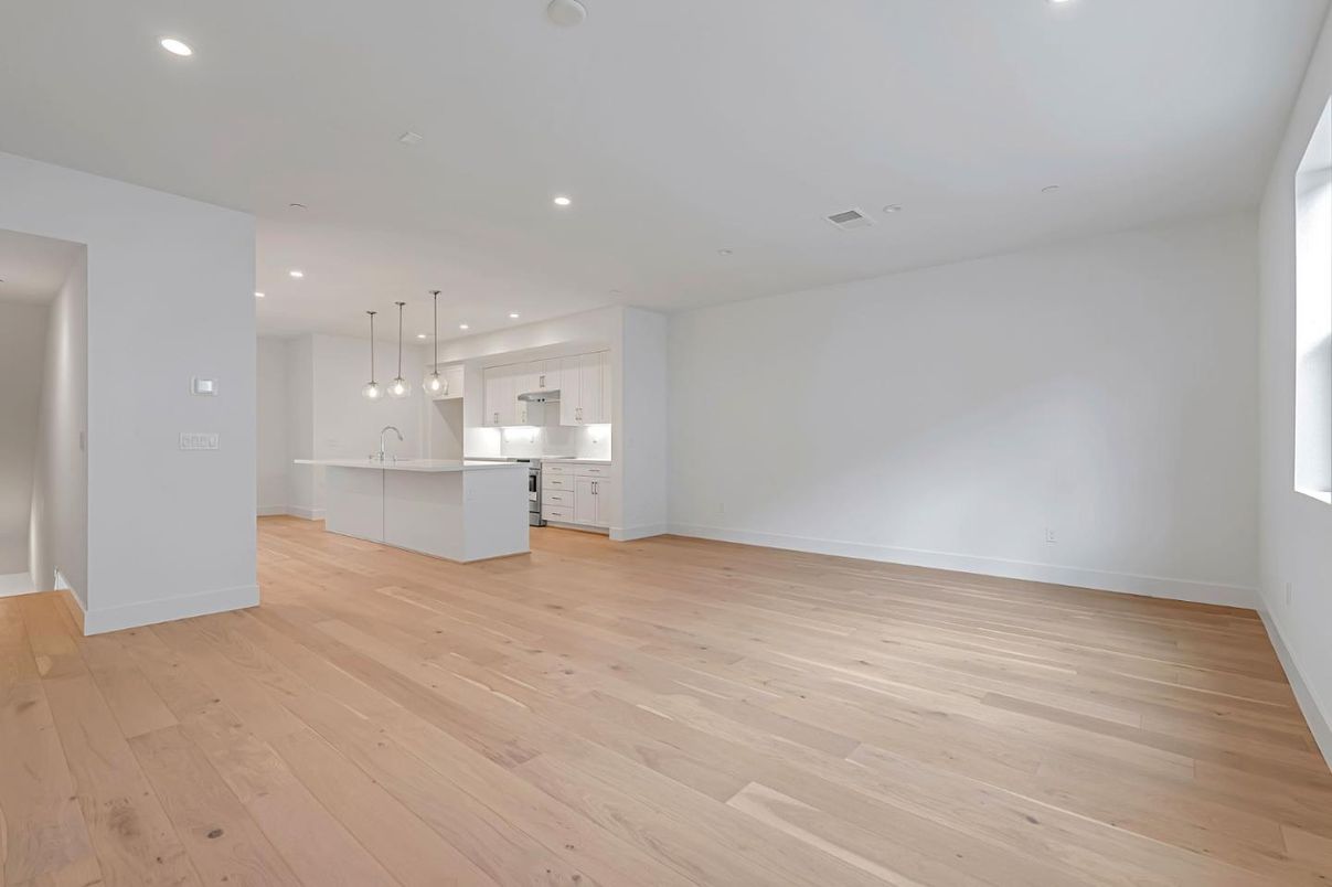 Empty room, Interior, Kitchen, Pendant Lights, Recessed Lighting, Wood Texture Flooring