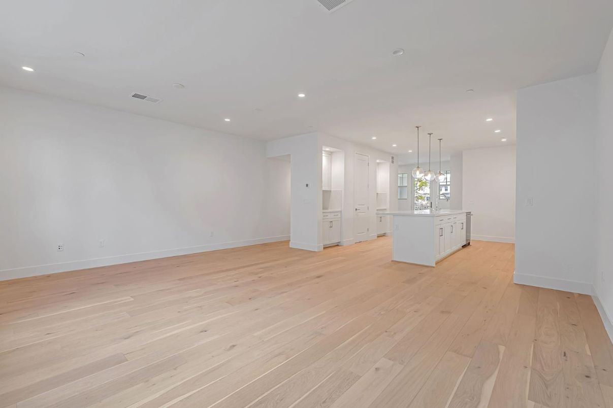 Empty room, Interior, Kitchen, Pendant Lights, Recessed Lighting, Wood Texture Flooring