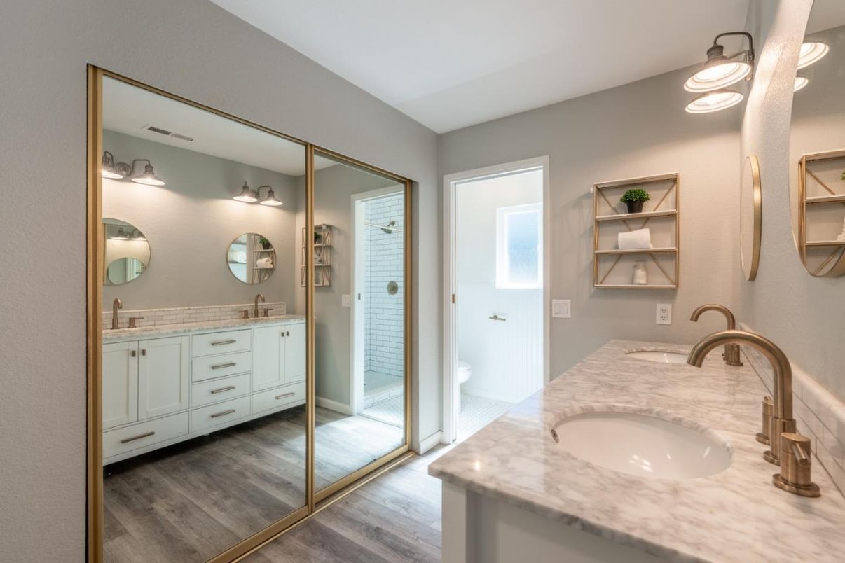Bathroom, Dual Sink Vanities, Glass Shower, Interior, Wood Texture Flooring