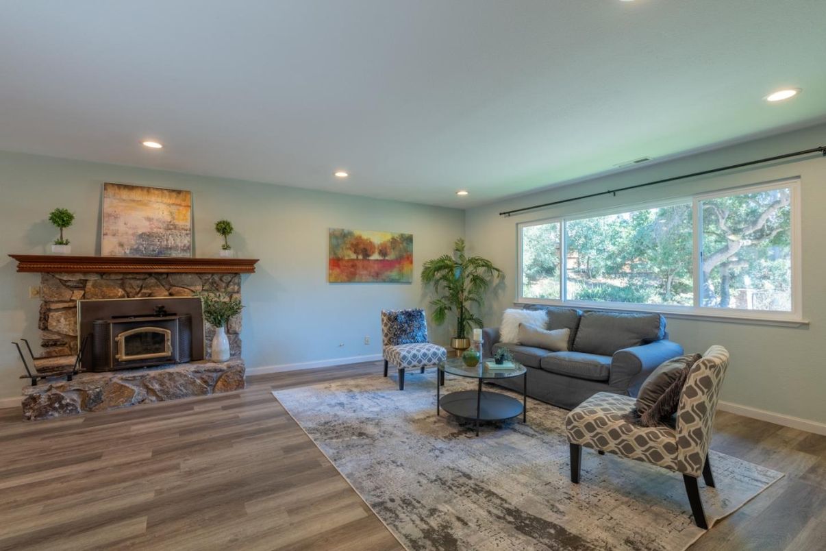 Fireplace, Interior, Living room, Recessed Lighting, Wood Texture Flooring