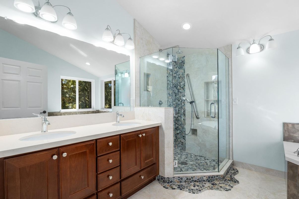 Bathroom, Dual Sink Vanities, Glass Shower, Interior, Recessed Lighting
