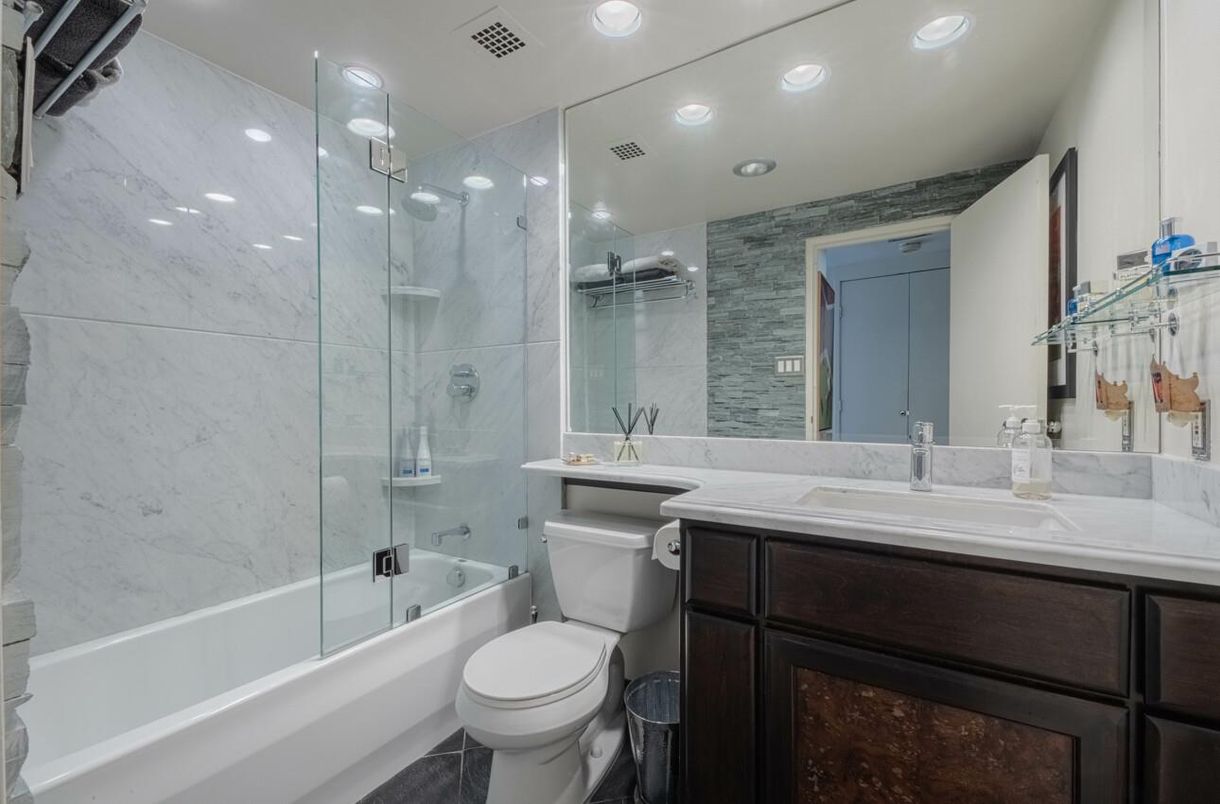 Bathroom, Glass Shower, Interior, Marble Walls, Recessed Lighting