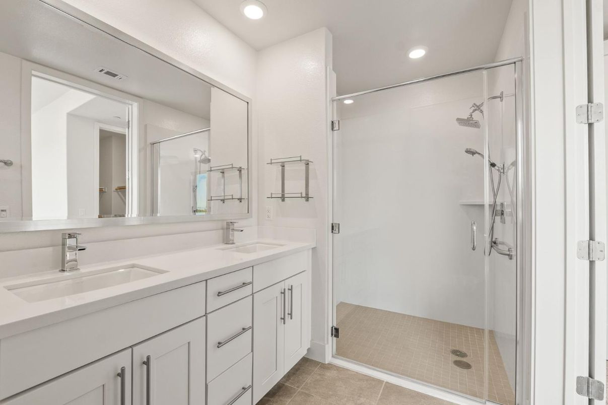 Bathroom, Dual Sink Vanities, Glass Shower, Interior, Recessed Lighting