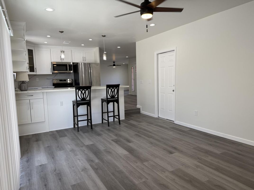 Interior, Kitchen, Pendant Lights, Recessed Lighting, Stainless Steel Appliances, Wood Texture Flooring