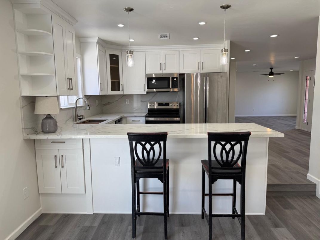 Interior, Kitchen, Pendant Lights, Recessed Lighting, Stainless Steel Appliances, Wood Texture Flooring