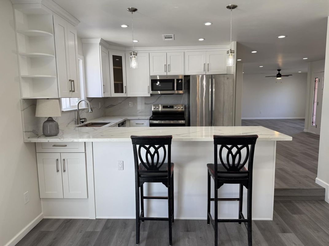 Interior, Kitchen, Pendant Lights, Recessed Lighting, Stainless Steel Appliances, Wood Texture Flooring