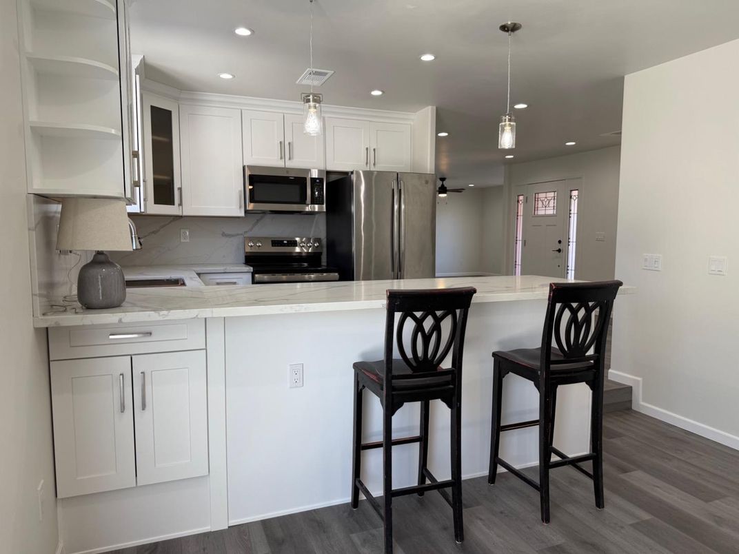 Interior, Kitchen, Pendant Lights, Recessed Lighting, Stainless Steel Appliances, Wood Texture Flooring