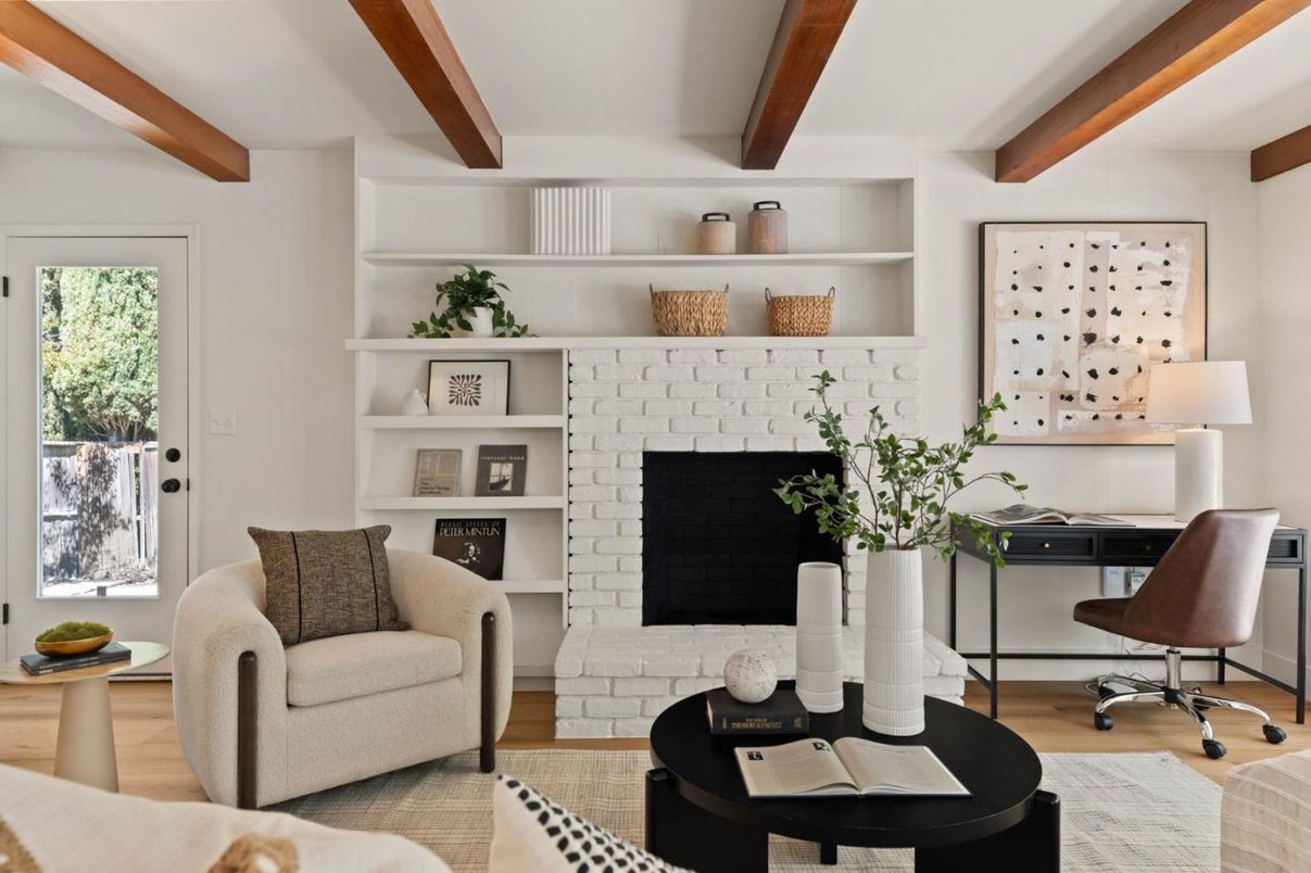 Fireplace, Home Office, Interior, Stone Walls, Wooden Beams, Wood Texture Flooring
