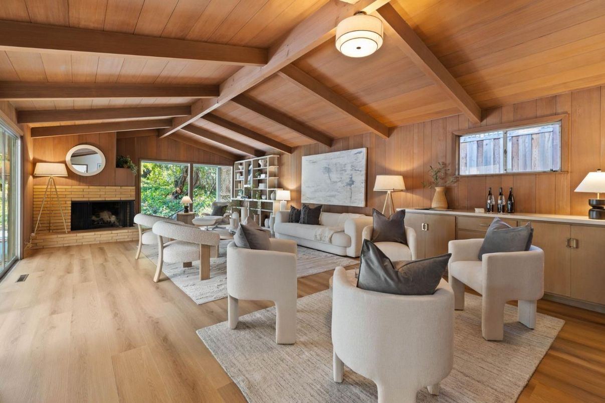 Dining room, Fireplace, Interior, Living room, Wooden Beams, Wooden Ceilings, Wood Texture Flooring, Wooden Walls