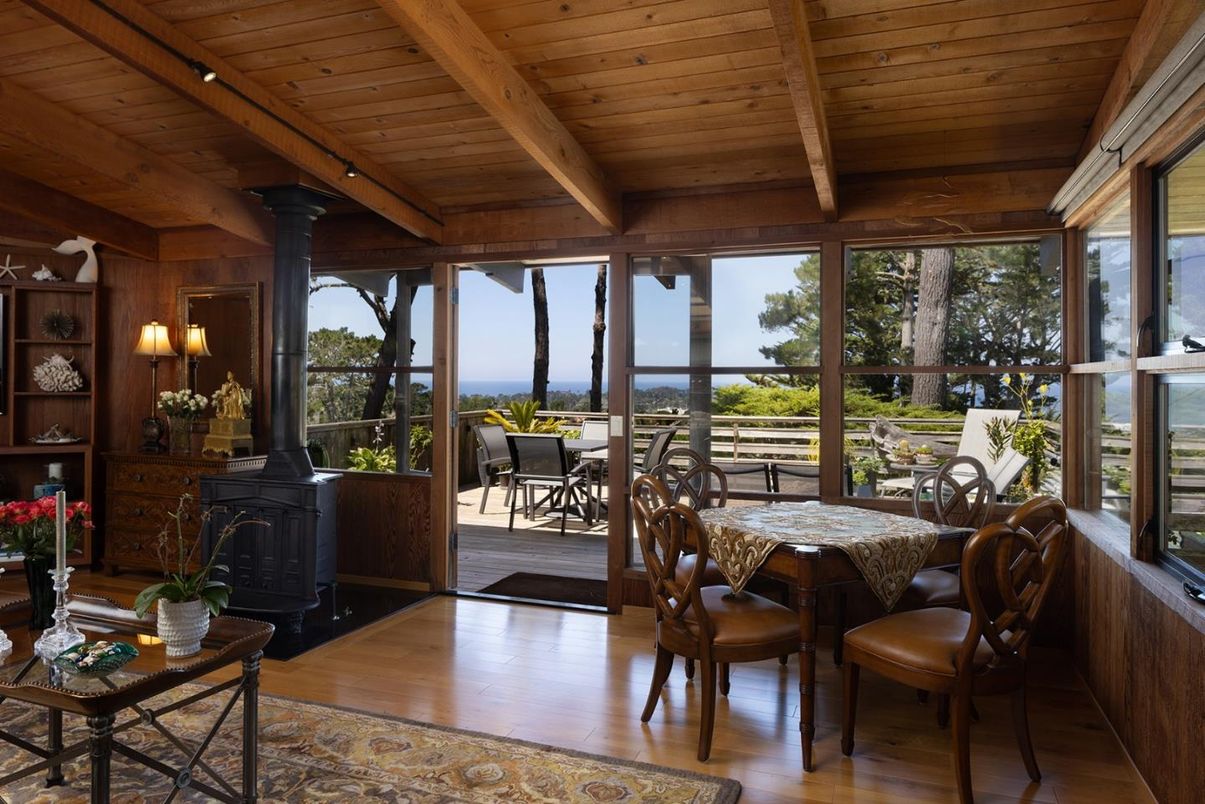 Dining room, Fireplace, Interior, Water, Wooden Beams, Wooden Ceilings, Wood Texture Flooring, Wooden Walls