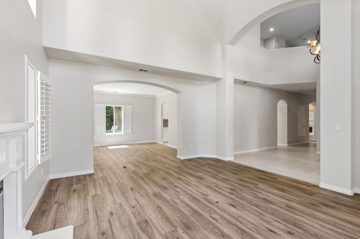 Chandelier, Empty room, Interior, Recessed Lighting, Wood Texture Flooring