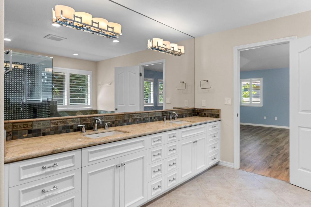 Bathroom, Dual Sink Vanities, Interior, Recessed Lighting, Wood Texture Flooring