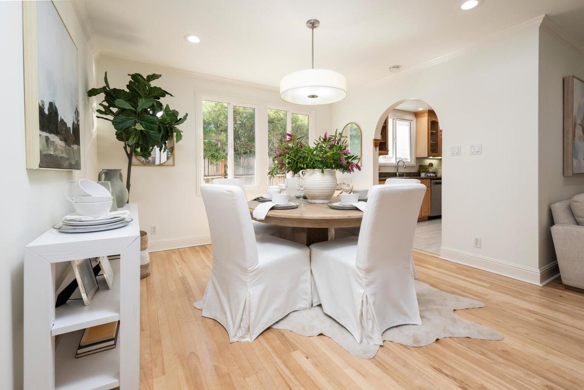 Dining room, Interior, Recessed Lighting, Wood Texture Flooring