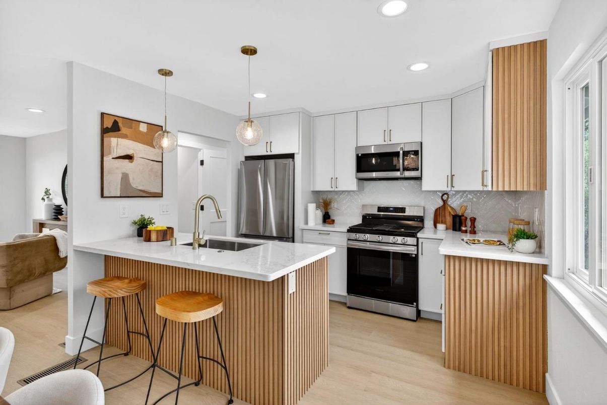 Interior, Kitchen, Pendant Lights, Recessed Lighting, Stainless Steel Appliances, Wood Texture Flooring