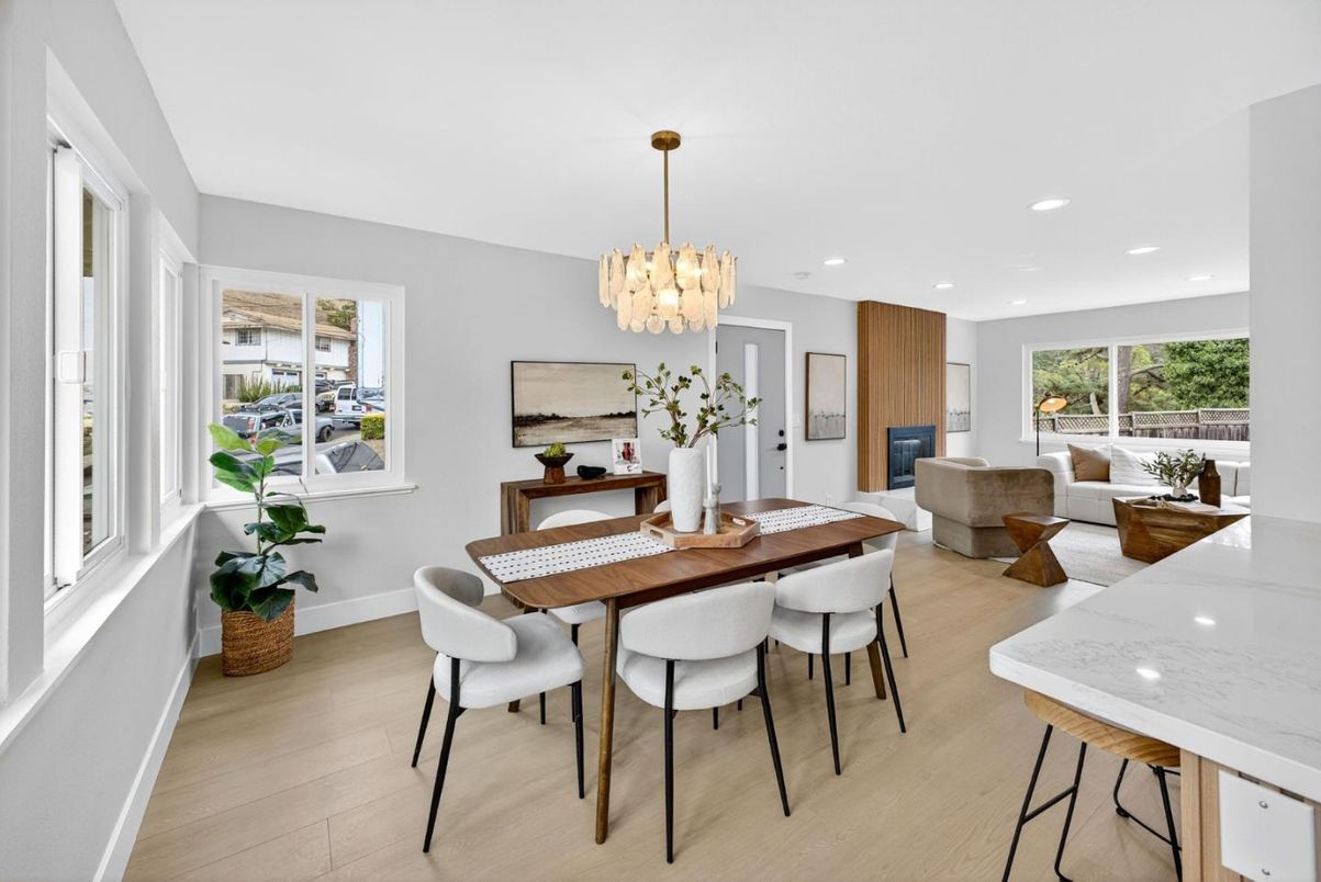 Chandelier, Dining room, Fireplace, Interior, Living room, Recessed Lighting, Wood Texture Flooring