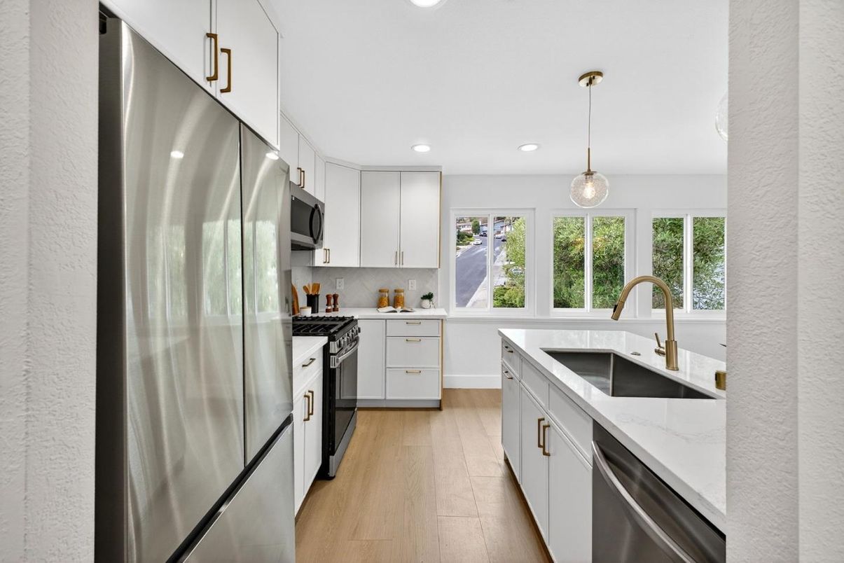 Interior, Kitchen, Pendant Lights, Recessed Lighting, Stainless Steel Appliances, Wood Texture Flooring