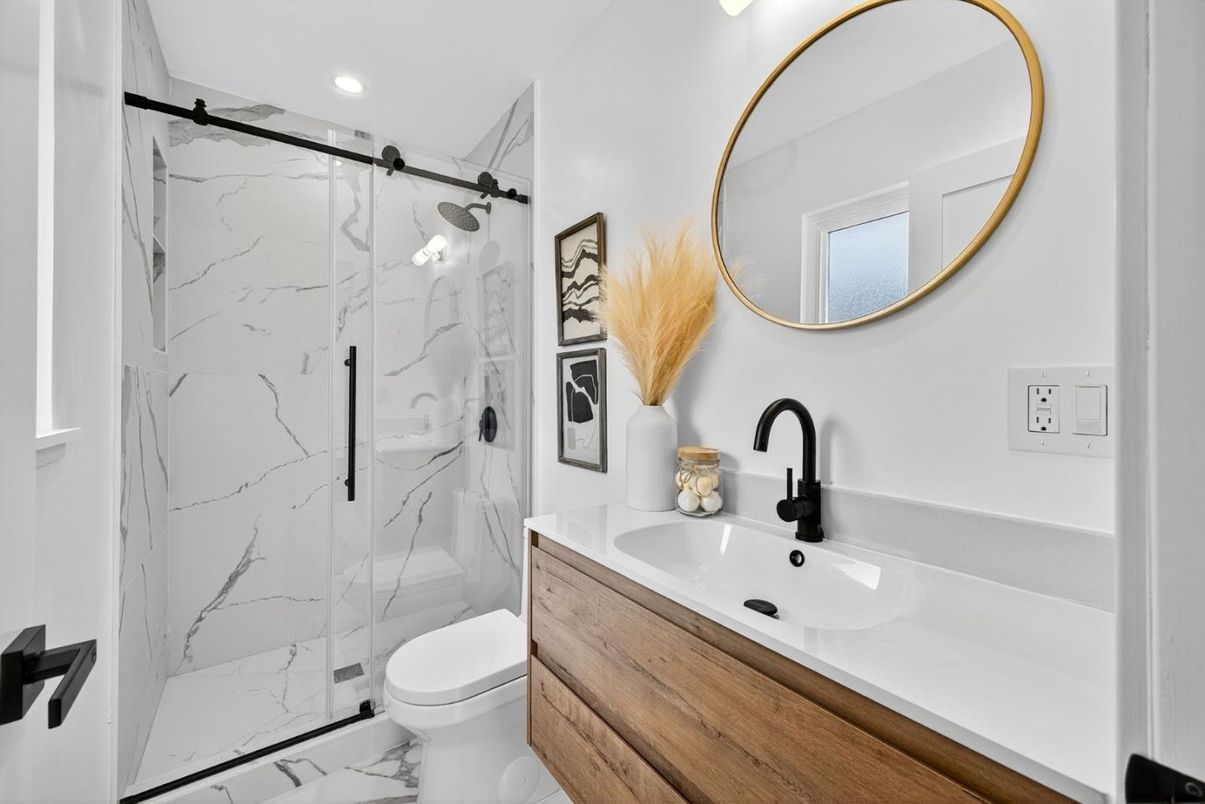 Bathroom, Glass Shower, Interior, Marble, Marble Walls, Recessed Lighting