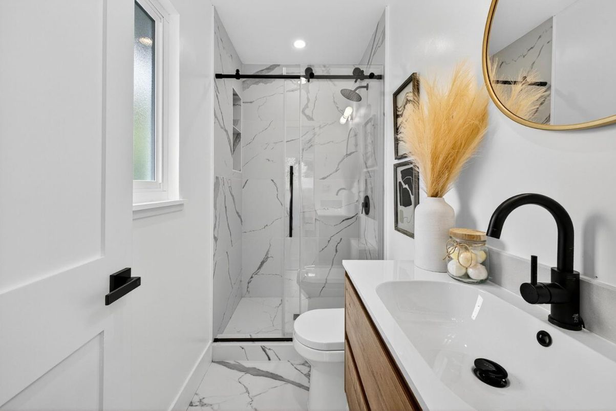 Bathroom, Glass Shower, Interior, Marble, Marble Walls, Recessed Lighting