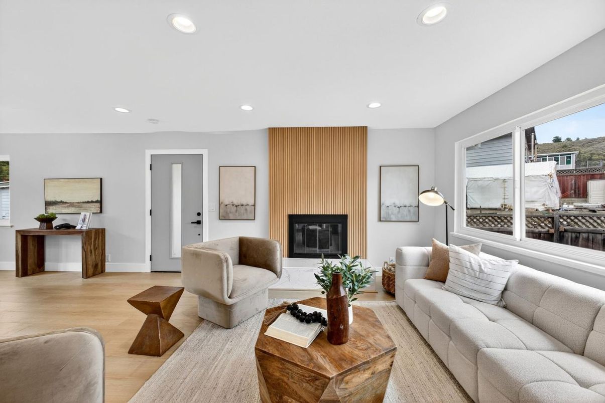 Fireplace, Interior, Living room, Recessed Lighting, Wood Texture Flooring