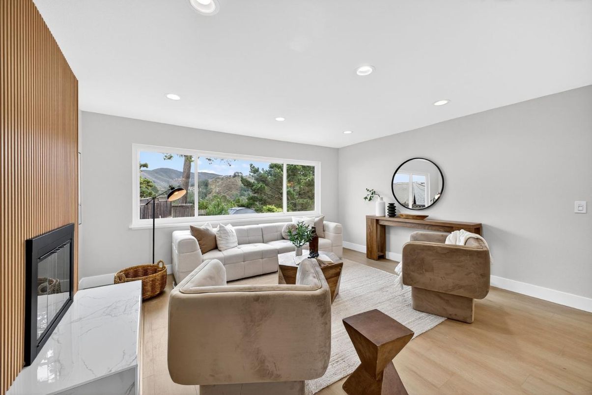 Fireplace, Interior, Living room, Recessed Lighting, Wood Texture Flooring