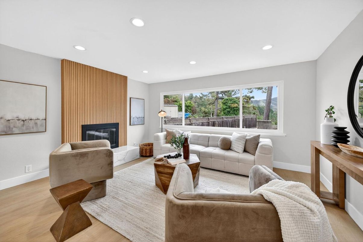 Fireplace, Interior, Living room, Recessed Lighting, Wood Texture Flooring