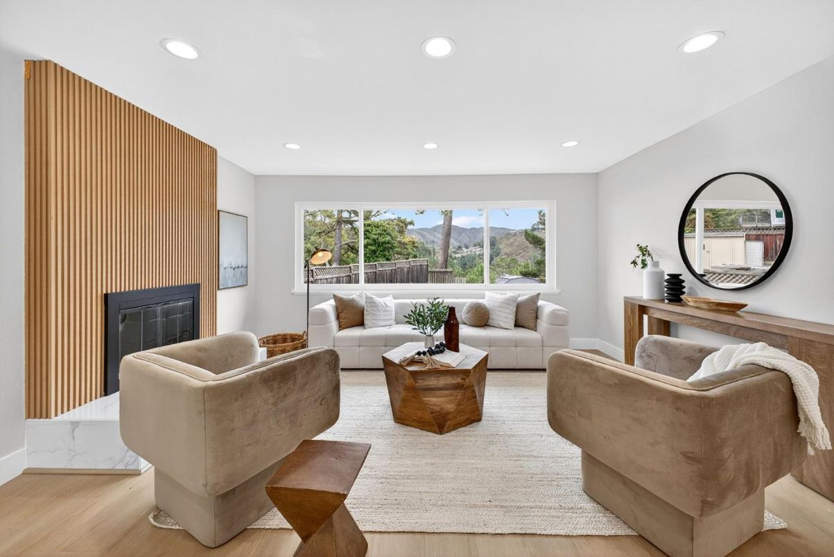 Fireplace, Interior, Living room, Recessed Lighting, Wood Texture Flooring