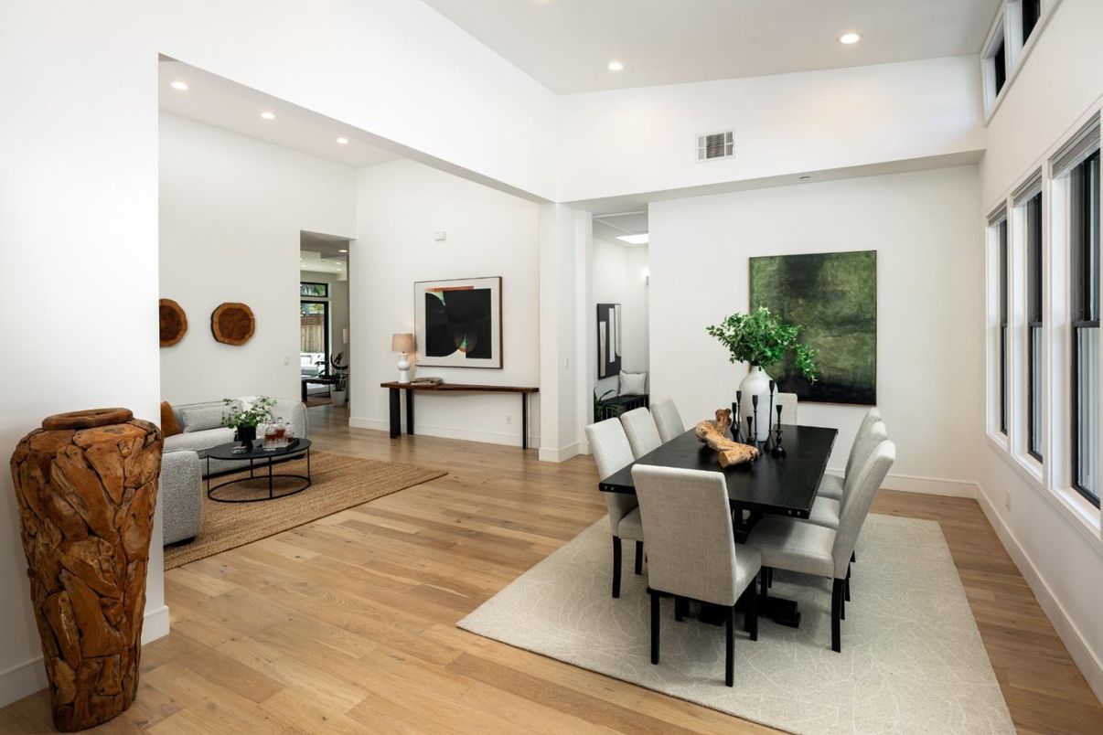 Dining room, Interior, Recessed Lighting, Wood Texture Flooring