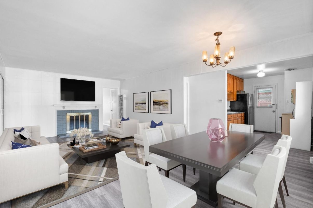 Chandelier, Dining room, Fireplace, Interior, Living room, Wood Texture Flooring