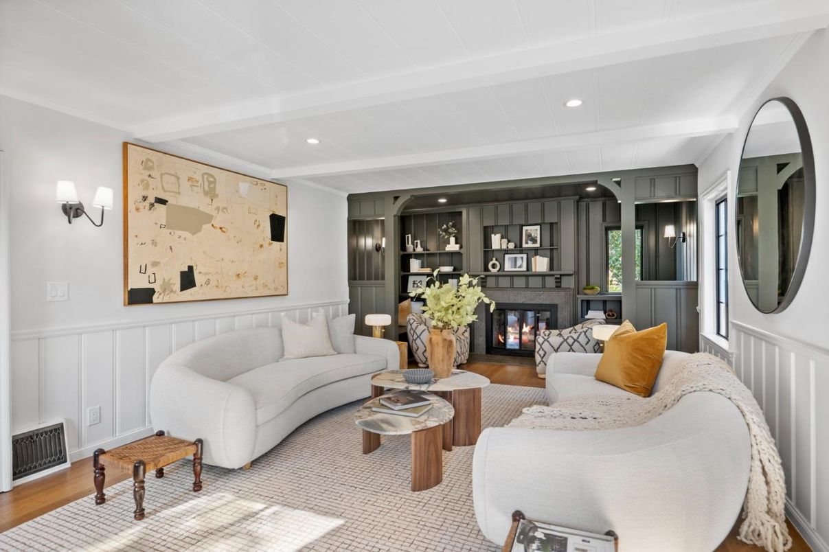 Fireplace, Interior, Living room, Recessed Lighting, Wood Texture Flooring