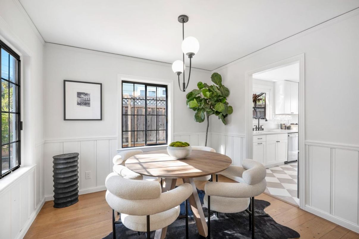 Dining room, Interior, Pendant Lights, Wood Texture Flooring