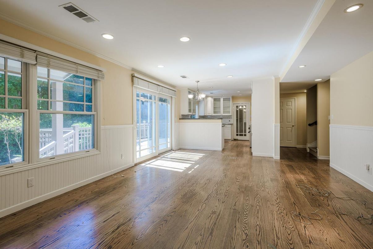Empty room, Interior, Kitchen, Pendant Lights, Recessed Lighting, Wood Texture Flooring