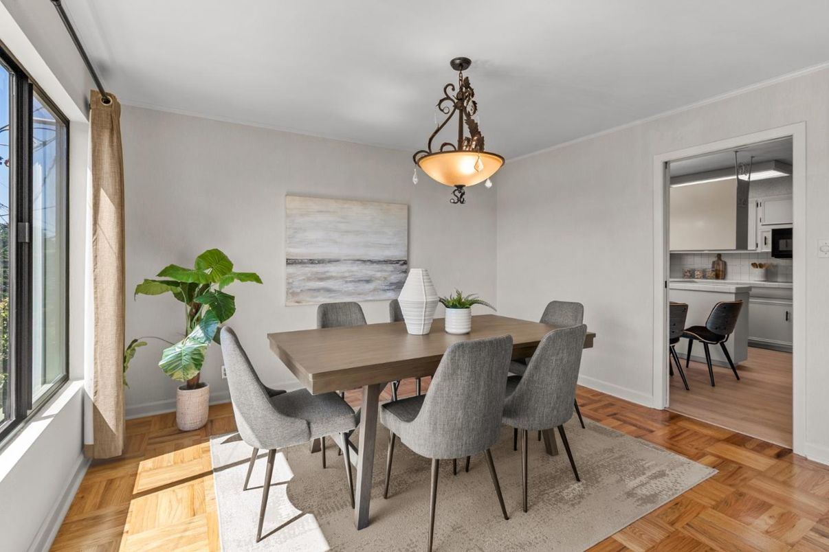Dining room, Interior, Pendant Lights, Wood Texture Flooring