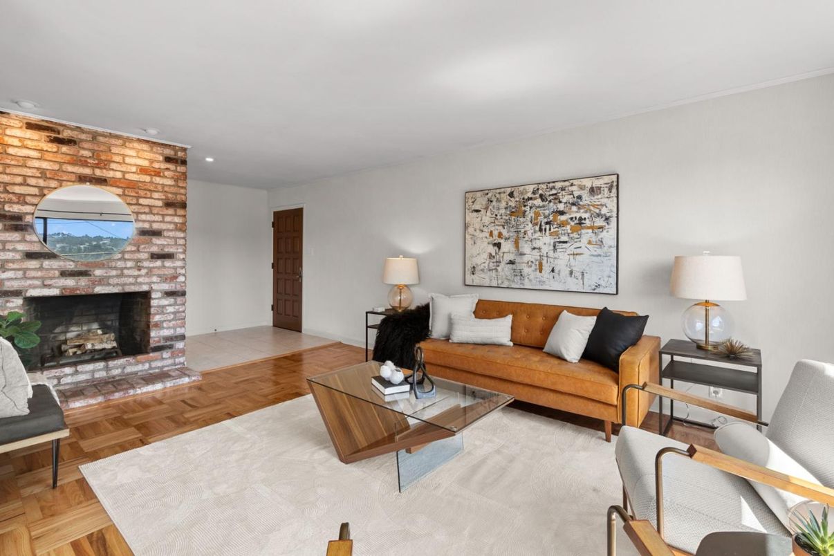 Fireplace, Interior, Living room, Recessed Lighting, Stone Walls, Wood Texture Flooring