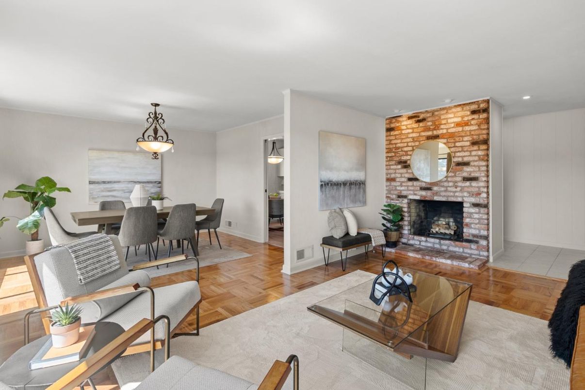 Dining room, Fireplace, Interior, Living room, Pendant Lights, Recessed Lighting, Stone Walls, Wood Texture Flooring