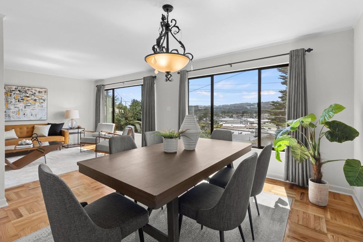 Dining room, Interior, Living room, Pendant Lights, Wood Texture Flooring