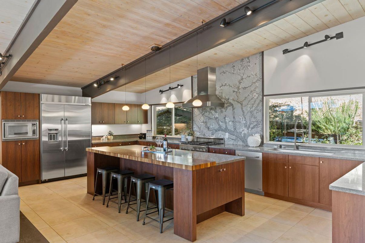 Interior, Kitchen, Marble Walls, Pendant Lights, Stainless Steel Appliances, Wooden Ceilings
