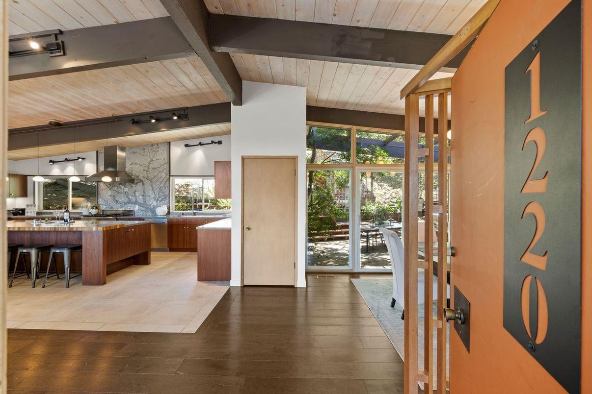 Interior, Kitchen, Marble Walls, Pendant Lights, Wooden Ceilings, Wood Texture Flooring