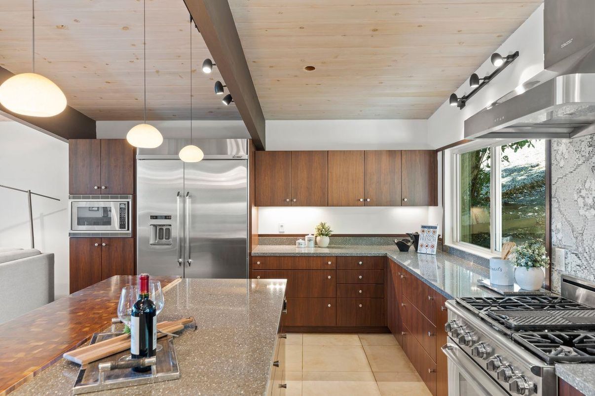 Interior, Kitchen, Pendant Lights, Stainless Steel Appliances, Wooden Ceilings