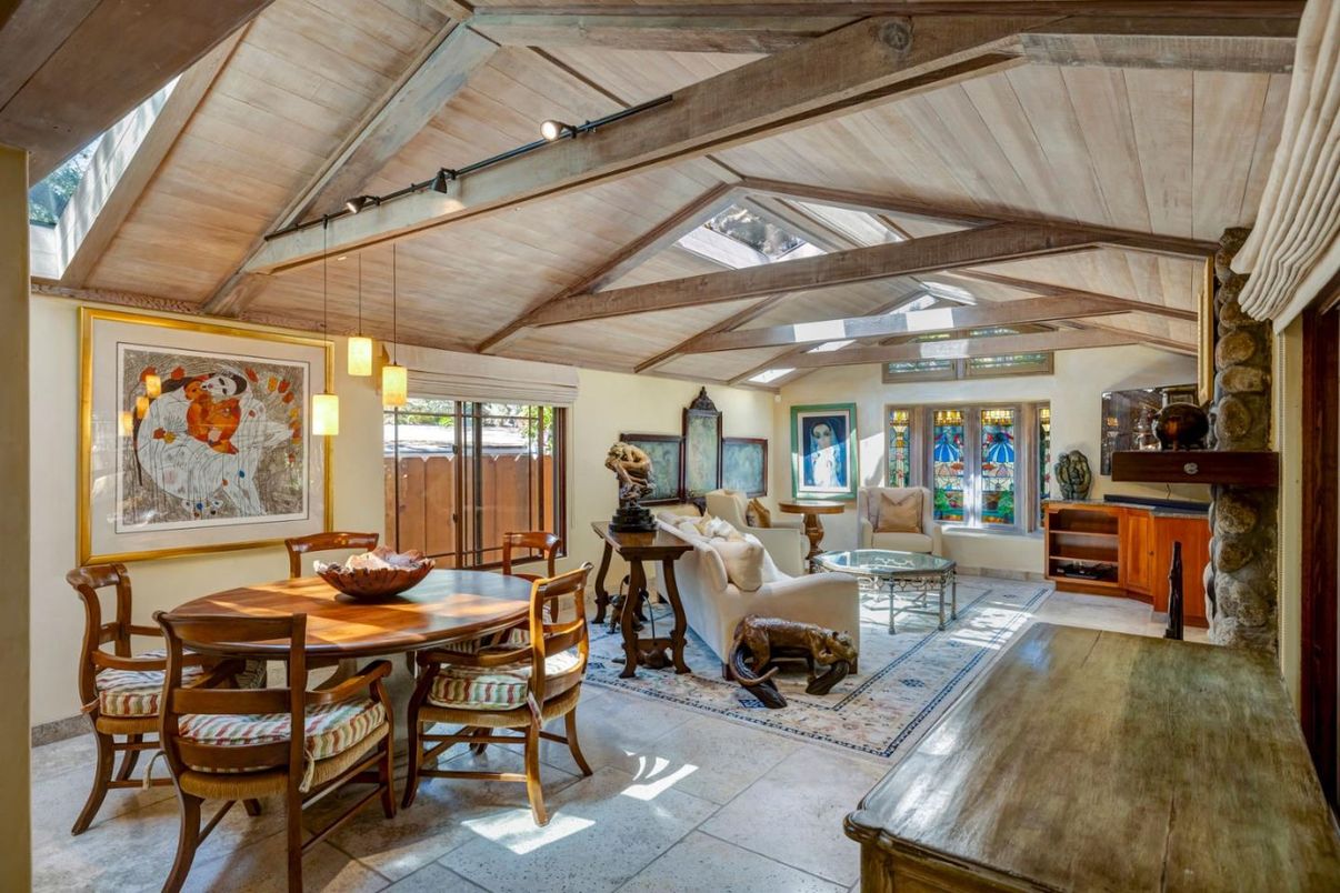 Dining room, Fireplace, Interior, Living room, Pendant Lights, Wooden Beams, Wooden Ceilings, Wood Texture Flooring