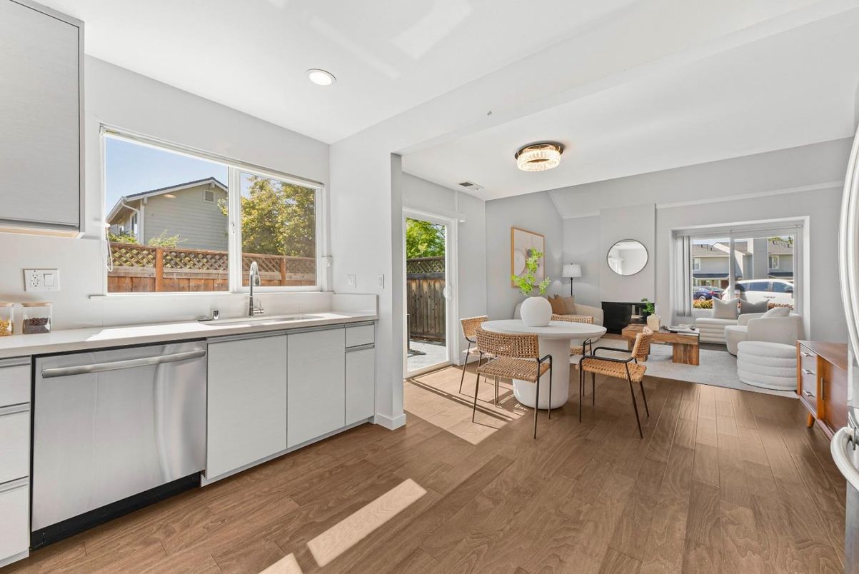 Dining room, Interior, Kitchen, Living room, Recessed Lighting, Wood Texture Flooring