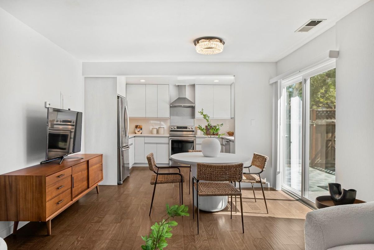 Dining room, Interior, Kitchen, Recessed Lighting, Stainless Steel Appliances, Wood Texture Flooring
